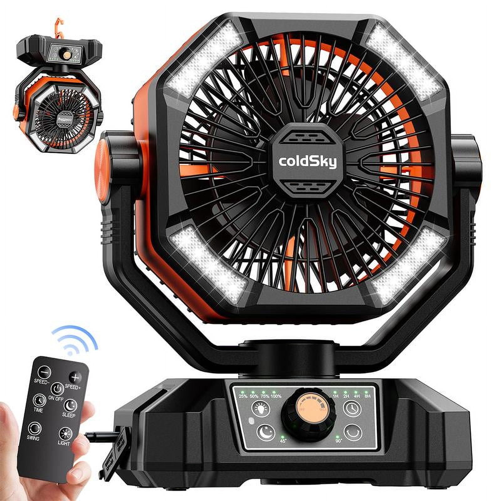 20000mAh Camping Fan Dual Motor, Battery Operated Fan with Remote & 4 LED Lantern, Portable Outdoor Fan with Hook for Tent, Power Outages, Jobsite Rechargeable Multifunction fans Durable
