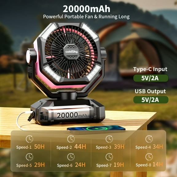 20000mAh Camping Fan with LED Lantern - Dual Motor 8-Speed Portable Tent Fan with Remote Control, 4 LED Lights, Hanging Hook, Rechargeable Battery Powered Fan for Tent, Power Outage, Outdoor Camping,