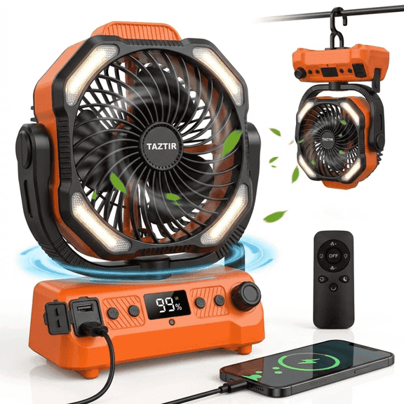 20000mAh Camping Fan LED Light & Remote Control, 1-100 Stepless Speed Dual-Motor Portable Tent Fan, 45 Auto Oscillation, 48H Runtime Battery Operated Fan with Power Bank for Outdoor/Travel/Hurricane