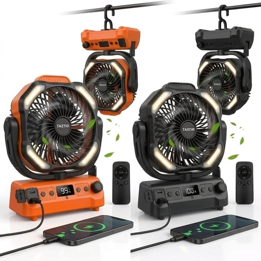 20000mAh Camping Fan LED Light & Remote Control, 1-100 Stepless Speed Dual-Motor Portable Tent Fan, 45 Auto Oscillation, 48H Runtime Battery Operated Fan with Power Bank for Outdoor/Travel/Hurricane
