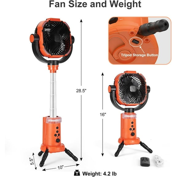 20000mAh Camping Fan with Lantern, 360 °   Oscillation Rechargeable Battery Operated Outdoor Power Fan with Remote, Hook ＆ RGB Light for Camp, Family Travel and Jobsite, Orange