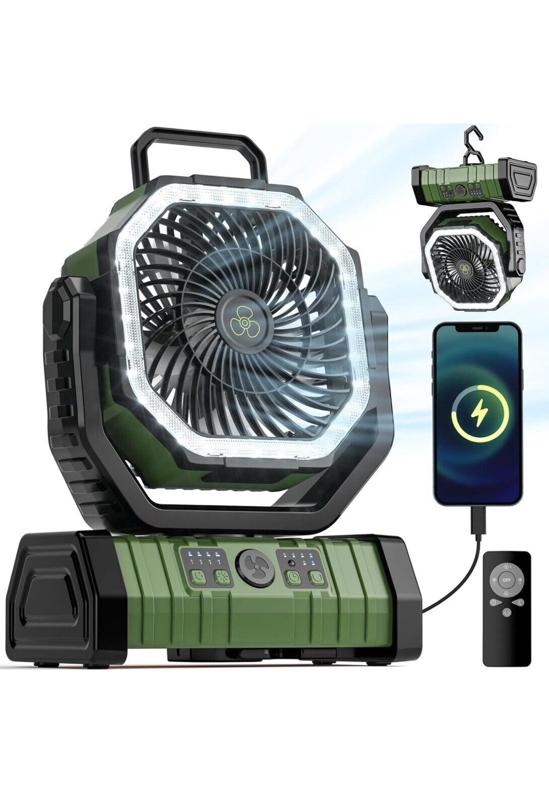 20000mAh Camping Fan w/ LED light - Rechargeable power bank Oscillating, Remote