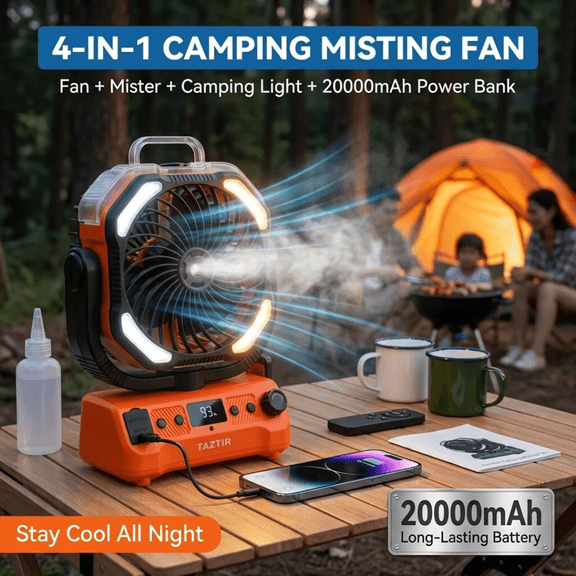 20000mAh Camping Misting Fan with Remote, Auto Oscillating Battery Fan for Tent, LED Lantern, Dual-Motor Airflow, Portable Rechargeable Mister & Power Bank for Outdoor Hurricane Use