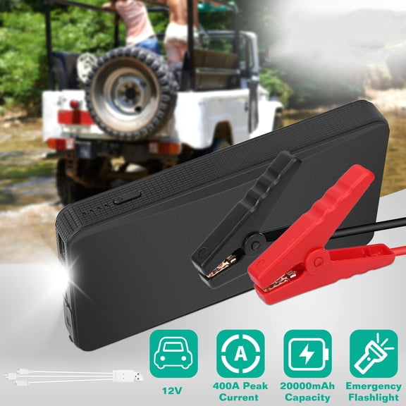 20000mAh Car Jump Starter - 400A Peak Current for Up to 2.0L Gas Engines, Portable Power Bank with USB 5V/2A, 3-Mode Emergency Flashlight (Normal/Strobe/SOS), Lightweight Ideal Gift