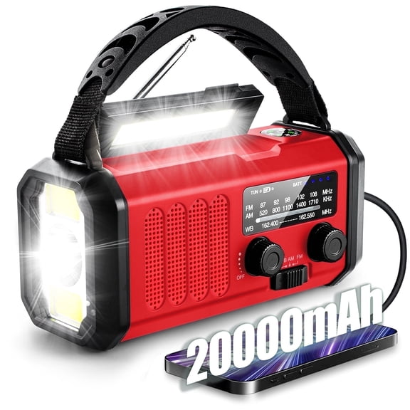 Baxlen 20000mAh Emergency Weather Radio with Solar Hand Crank, NOAA/AM/FM, Flashlight, Red