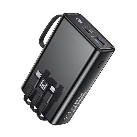 20000mAh Fast Charge Power Bank w/ iP+Type-C+USB Cables, 2 USB-C+1 USB-A Ports (Black)