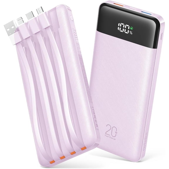 20000mAh Fast Charging, Portable Charger with 4 Built-in Cables & 6 Outputs, 20W PD USB C Battery Pack Compatible with iPhone 16/15, Galaxy, Android, iPad & More (Travel Essential)