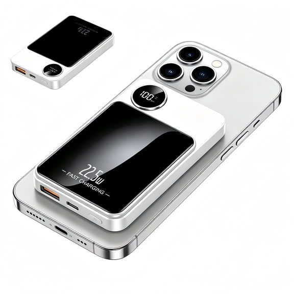 20000mAh Magnetic Wireless Charger, Slim Battery Pack with LED Display, Portable Power Bank with Charging Pad for Travel & Multiple Devices - White