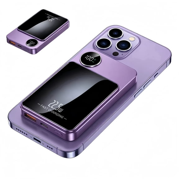 20000mAh Magnetic Wireless Charger, Slim Battery Pack with LED Display, Portable Power Bank with Charging Pad for Travel & Multiple Devices, Purple