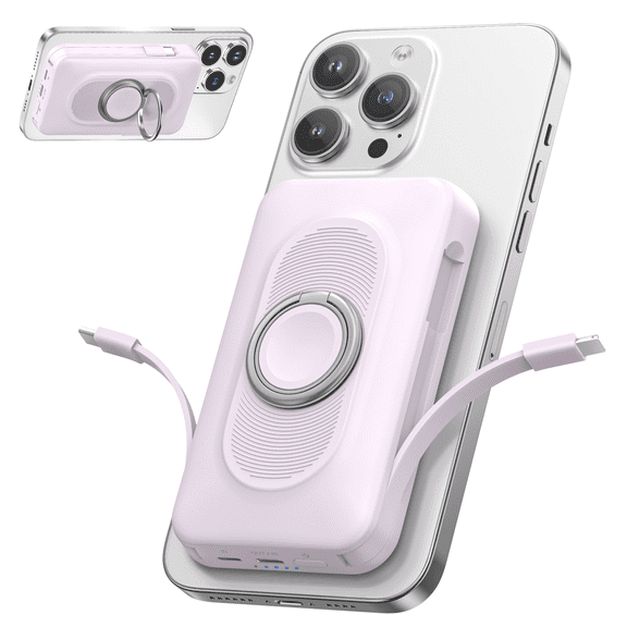 20000mAh Magnetic Wireless Power Bank Battery Pack, 22.5W Fast Charging Portable Charger with Built-in Dual Cables, Ring Stand, Compatible with iPhone(Purple)