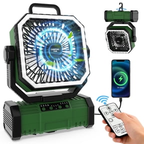 SuperRGB Portable Camping Fan, 20000mAh Rechargeable Battery Operated Fan with LED Light & Remote, 4 Speeds, Timer & Hanging Hook for Tent, Outdoor, Travel, Emergency, Green
