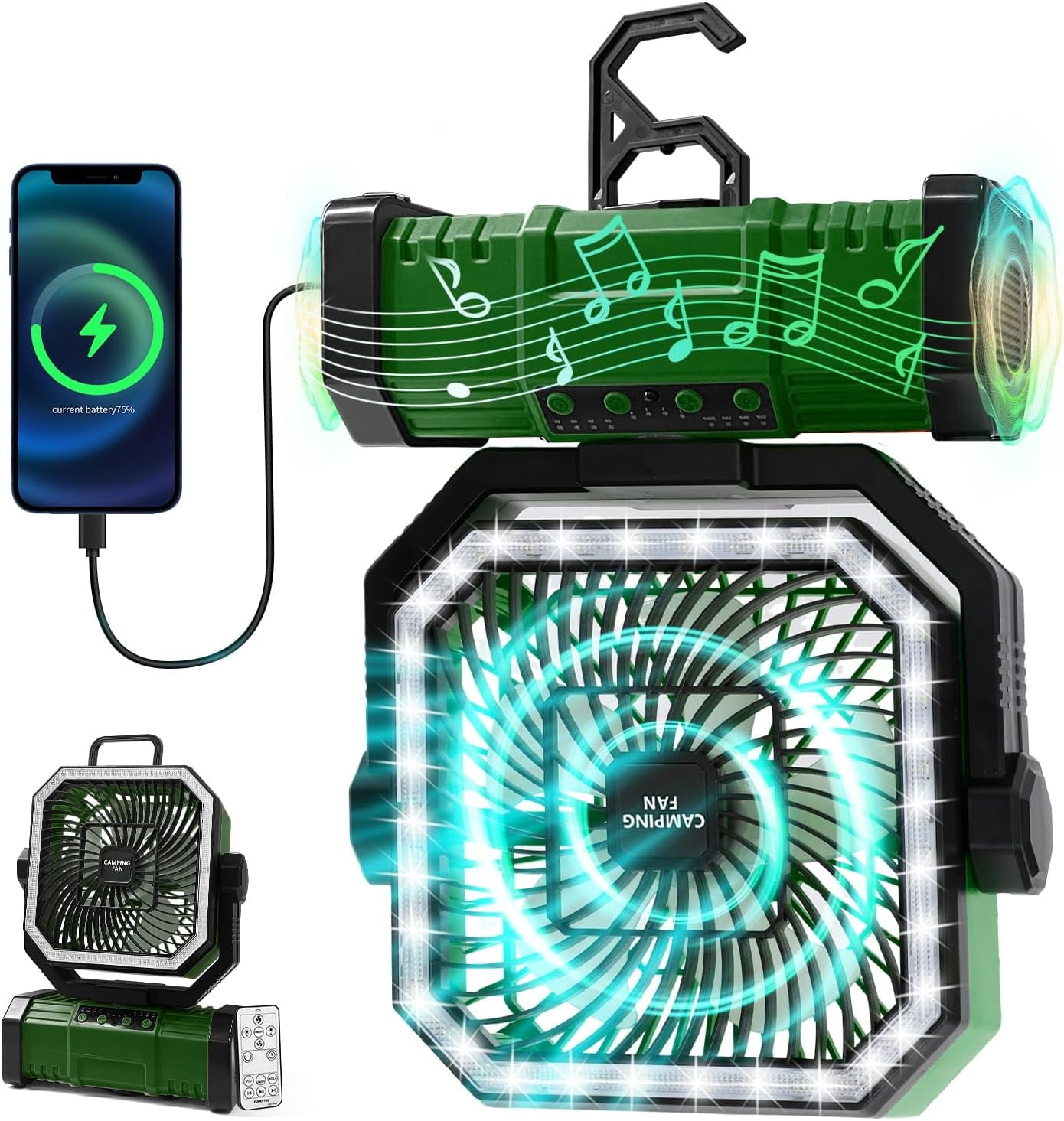 SuperRGB Portable Camping Fan, 20000mAh Rechargeable Battery Operated Fan with Bluetooth Speaker, LED Light & Remote, 4 Speeds, Timer & Hook for Tent, Outdoor, Travel, Green