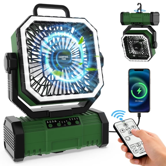 SuperRGB Portable Camping Fan, 20000mAh Rechargeable Battery Operated Fan with LED Light & Remote, 4 Speeds, Timer & Hanging Hook for Tent, Outdoor, Travel, Emergency, Green