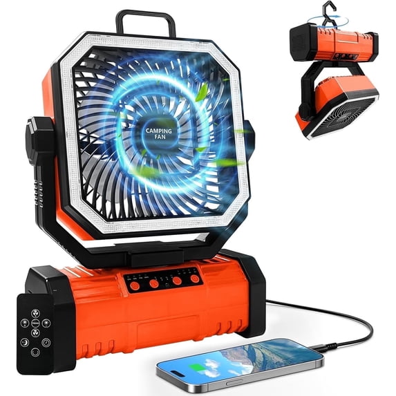 SuperRGB Rechargeable 20000mAh Camping Fan with LED Lights, Remote Control, 4 Speeds & 360° Hook for Tent, RV & Outdoor Use, Orange