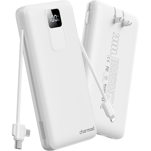 20000mAh Portable Charger with Built-in Cables & Wall Plug, 20W USB C Power Bank, Fast Charging Battery Pack Travel Essentials Compatible with iPhone 16/15/14 Series, Samsung, Google, iPad