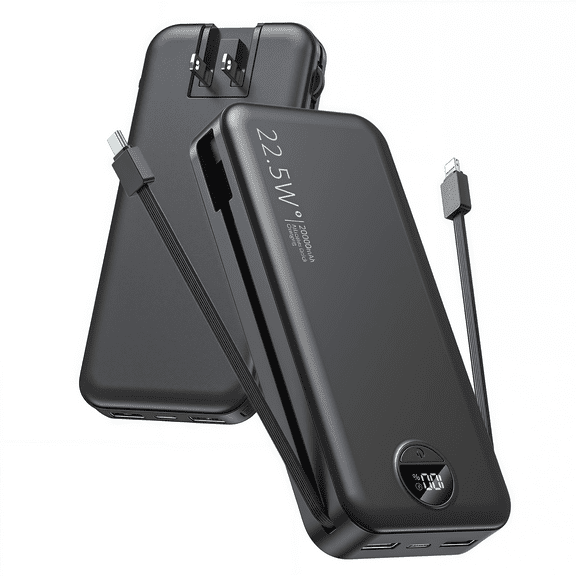 20000mAh Portable Charger Power Bank for iPhone, Cell Phone Portable Power Banks with Built-in Cables and AC Wall Plug, Dual USB Output Battery Pack for Android, Galaxy, Pixel