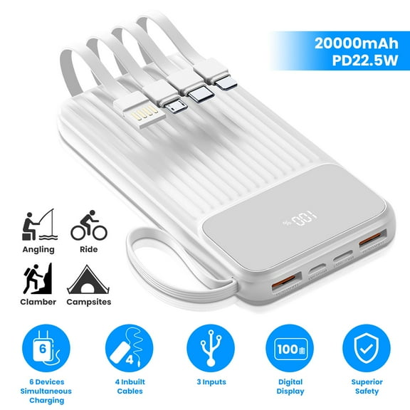20000mAh Portable Handle Power Bank ,PD22.5W Digital Display Fast Charger with 4 Builtin Cables White