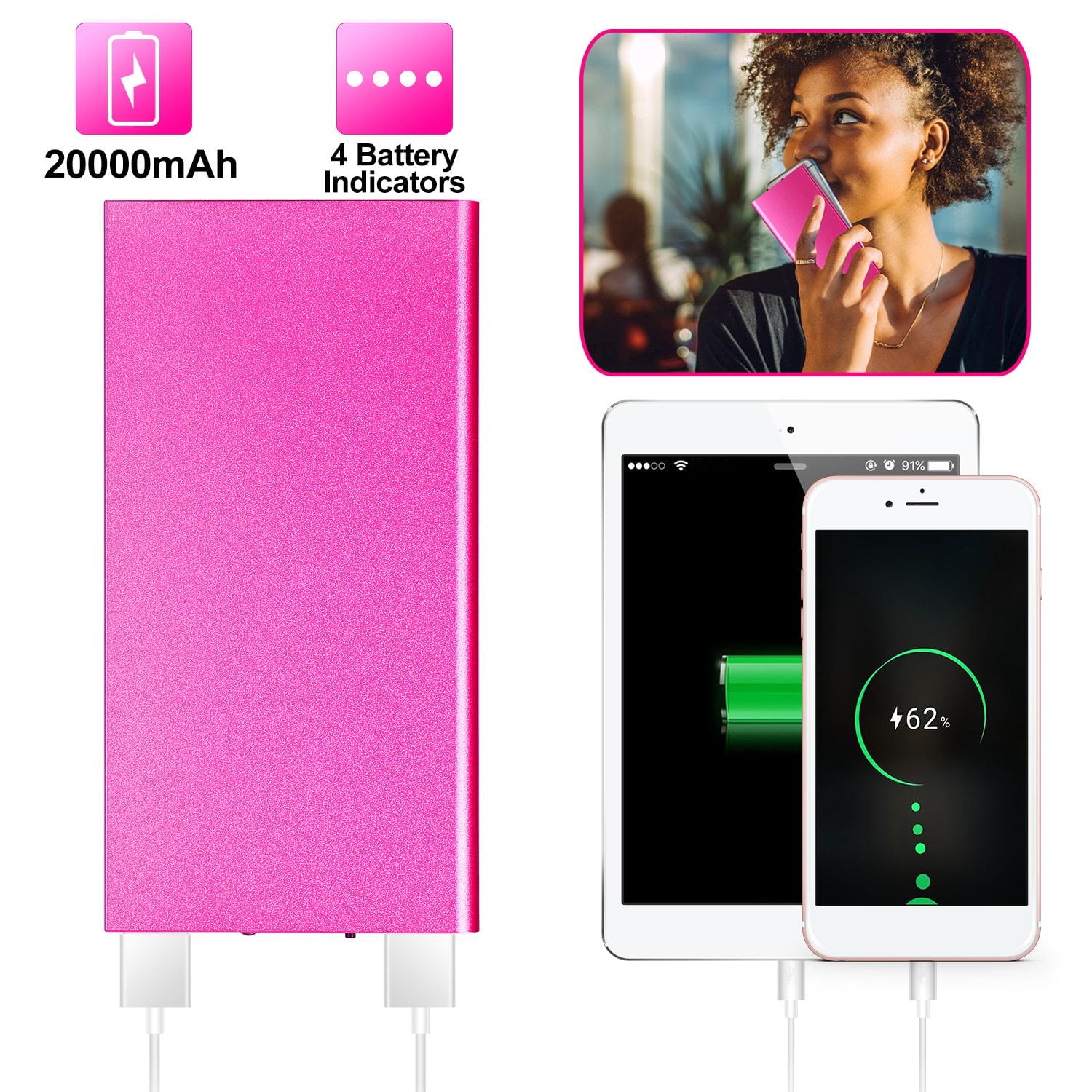 20000mAh Portable Charger Power Bank Dual USB Battery Pack for Phone Tablet Fan Pink