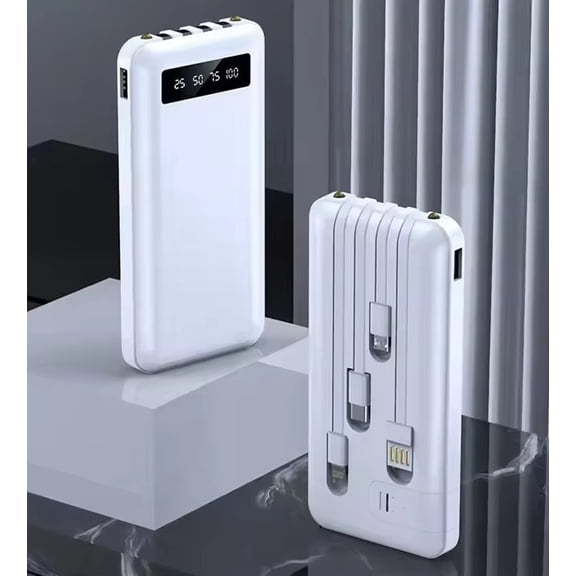 20000mAh Power Bank with Build in Cables Phone Stand Flash Light Fast Charging Power Bank, White