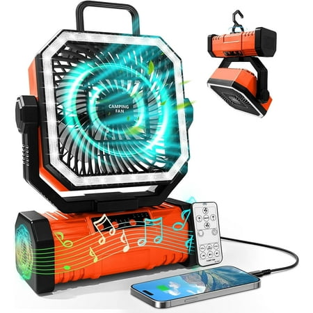 20000mAh Rechargeable Camping Fan with Bluetooth Speaker & LED Light, Portable Oscillating Tent Fan with Remote, 4 Speeds, 360° Hanging Hook for Camping, RV Trips, Outdoor Travel, Fishing, Emergency