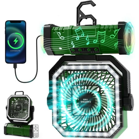 20000mAh Rechargeable Camping Fan with Bluetooth Speaker & LED Light, Portable Oscillating Tent Fan with Remote, 4 Speeds, 360° Hanging Hook for Camping, RV Trips, Outdoor Travel, Fishing, Green