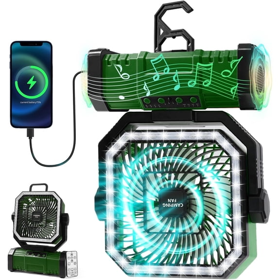 20000mAh Rechargeable Camping Fan with Bluetooth Speaker & LED Light, Portable Oscillating Tent Fan with Remote, 4 Speeds, 360° Hanging Hook for Camping, RV Trips, Outdoor Travel, Fishing, Green