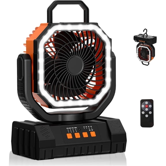 20000mAh Rechargeable Camping Fan with LED Light, Auto Oscillating Fan with Remote & Hanging Hook, USB Portable Fan for Camping, Home and Emergency Use (Orange)