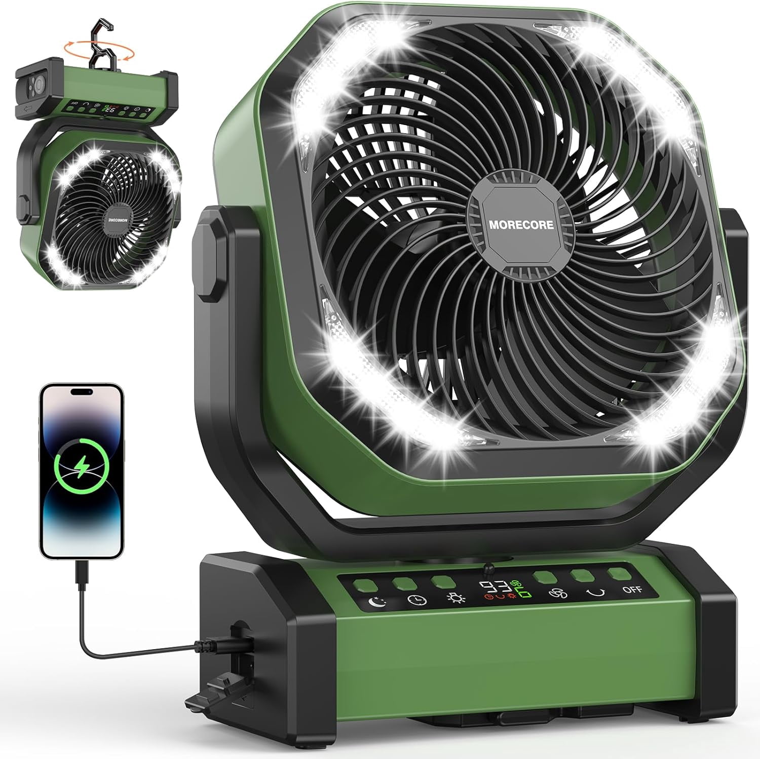 20000mAh Rechargeable Camping Fan with Light, 112HRS Running, 9-Speed, Auto Oscillating, Timer, LED Digital Display, 270 Pivot with Hook for Tent RV Emergency Garage - Army Green