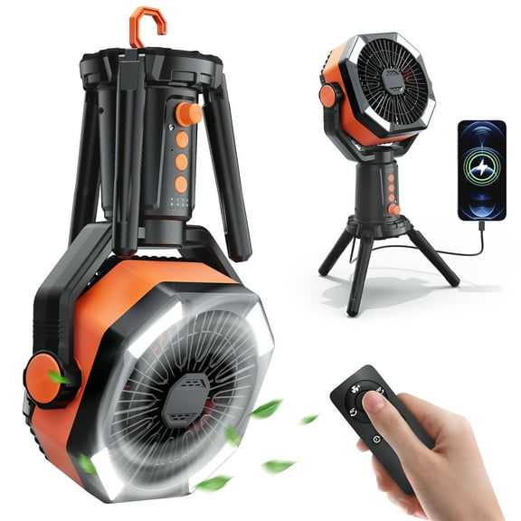 20000mAh Rechargeable Fan for Camping, 270° Portable Oscillating Battery Powered Folding fan with light, 8 Speeds Small Quiet, Stand Fan 18 Inch with Remote Control/Timer/Hook for Outdoor Home
