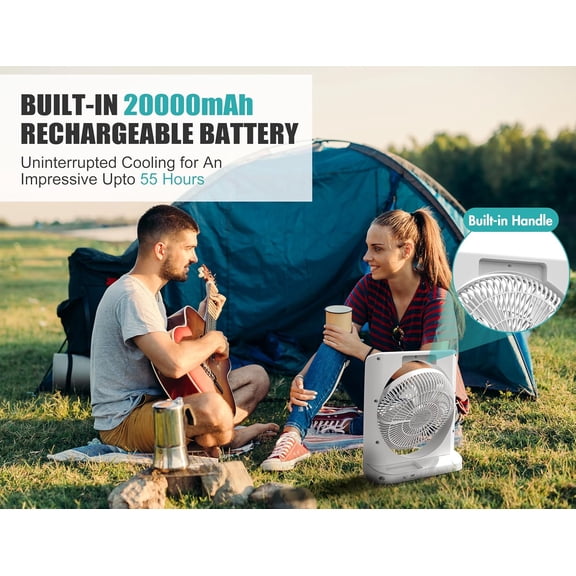 20000mAh Rechargeable Fan for Camping - 55h Super Long Last Battery Operated Fan, 10" Square Table Fan with Timer, 210 ° Pivot 4 Powerful Speed for Travel Outdoor Emergency Hurricane Power Outage