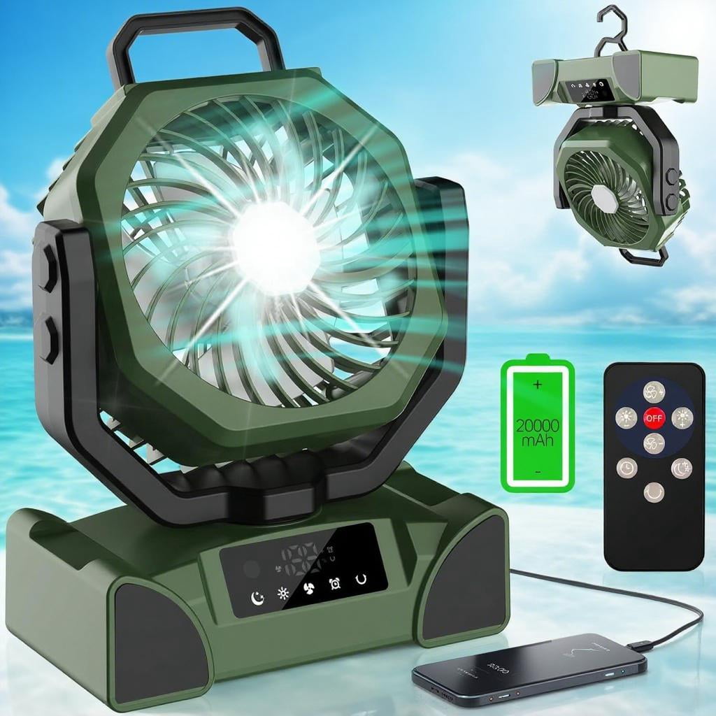 20000mAh Rechargeable Portable Camping Fan - Max 68 Hrs Runtime, Battery Operated with LED Lantern, 5 Speeds, 4 Timers. Desk Fan for Travel & Power Outages (Green)