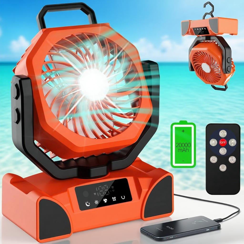 20000mAh Rechargeable Portable Camping Fan - Max 68 Hrs Runtime, Battery Operated with LED Lantern, 5 Speeds, 4 Timers. Desk Fan for Travel & Power Outages (Orange)