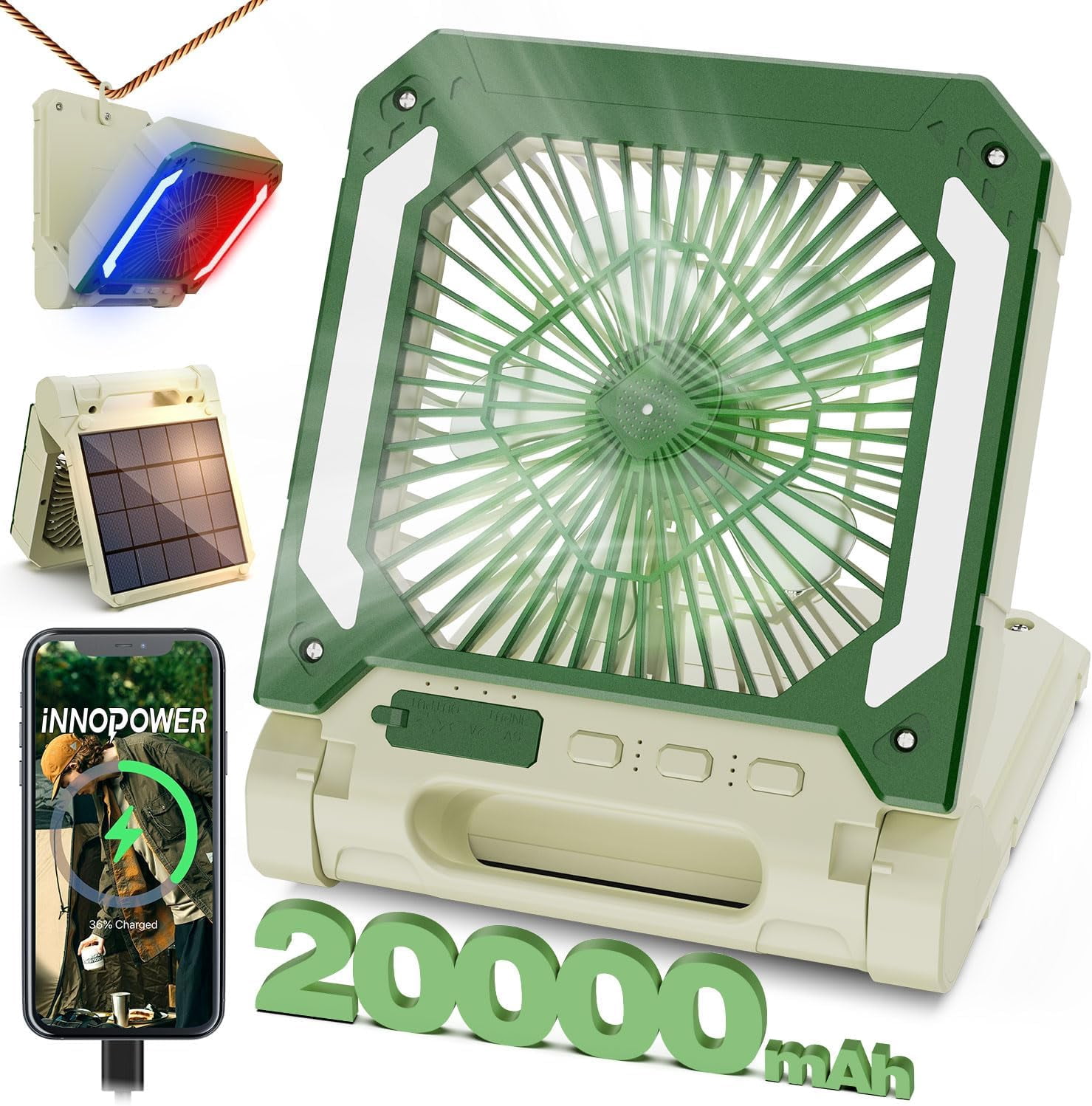 20000mAh Rechargeable Solar Powered Portable Fan with Led Lantern, 3 Speeds Cordless Battery Operated Camping Fan with PowerBank,Timer, Hangble & Quiet Desk Fan for Tent Hurricane Worksite