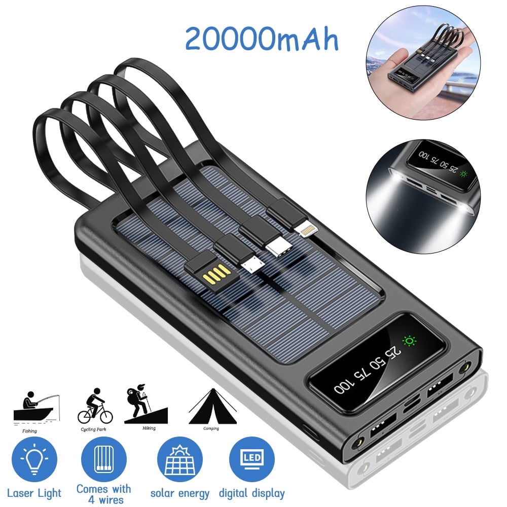 20000mAh Solar Charger with 4 Built-in Cables , Portable Solar Power Bank with Dual 5V USB Ports, 2 LED Light Flashlight with All Smart Phones and USB Devices