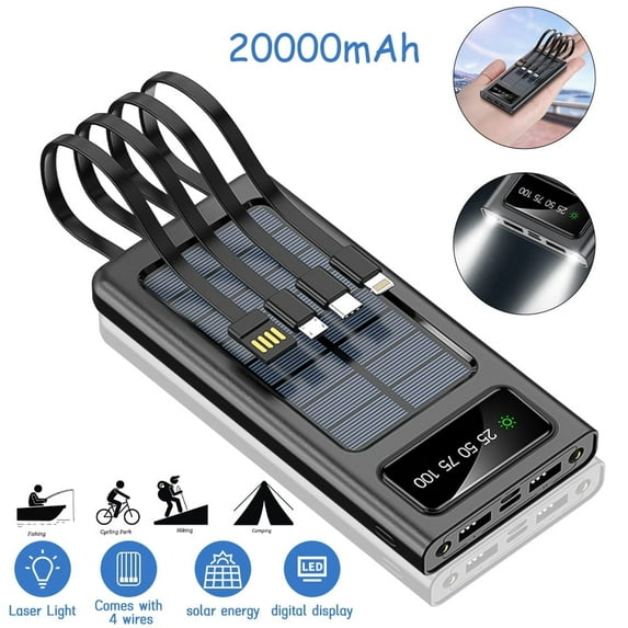 20000mAh Solar Charger with 4 Built-in Cables ,Portable Solar Power Bank with Dual 5V USB Ports,2 LED Light Flashlight with All Smart Phones and USB Devices