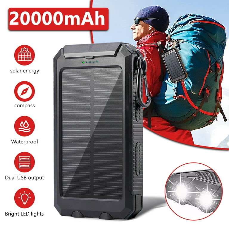 20000mAh Solar Charger for Cell Phone, DFITO Portable Solar Power Bank with  Dual 5V USB Ports, 2 Led Light , Compass Battery Pack for Outdoor Camping  Hiking 