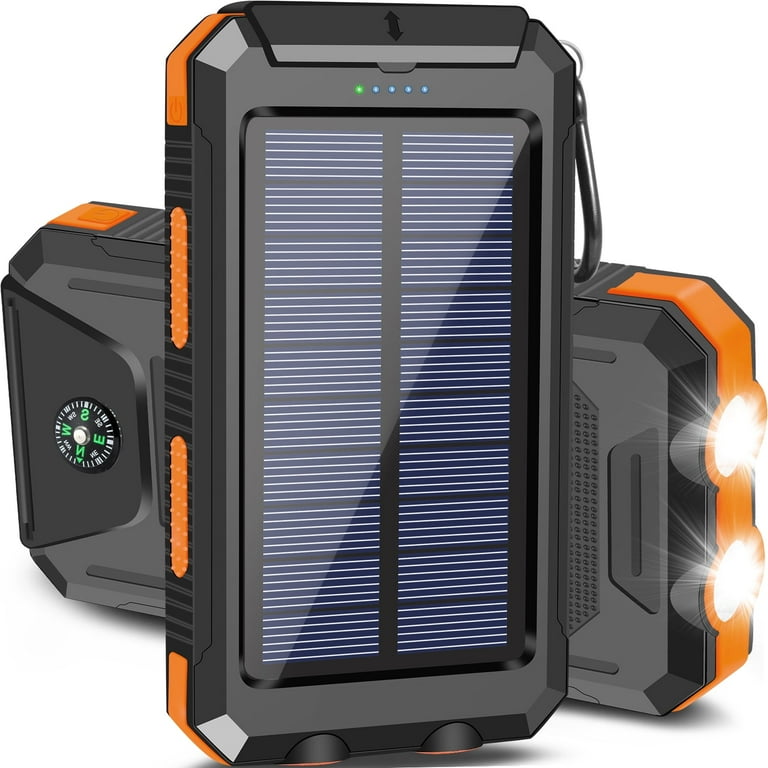 20000mAh Solar Charger for Cell Phone iPhone, Portable Solar Power Bank  with Dual 5V USB Ports, 2 LED Light Flashlight, Compass Battery Pack for  Outdoor Camping Hiking(Orange) 