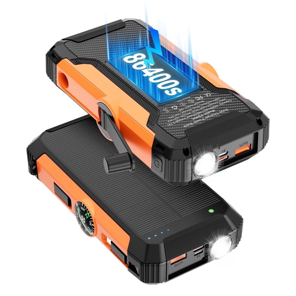 20000mAh Solar Charger Power Bank Built in Hand Crank and 24in Cable, 22.5W Portable Charger with 5 Output 4 Input, Flashlights & Compass Battery Pack Compatible for IPhone/IPad/Samsung/Pixle, Orange