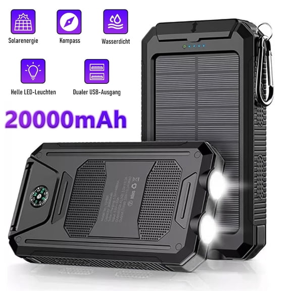 Hendoct 20000mAh Solar Power Bank Portable Charger with Dual 5V USB Ports, 2 LED Flashlights & Compass for Cell Phone