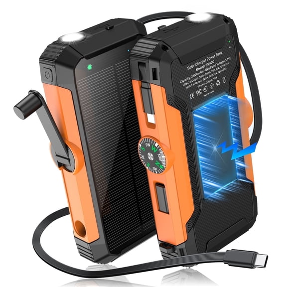 20000mAh Solar Power Bank Built in Retractable Cable and Hand Crank, Wireless Portable Charger with Flashlight & Compass, 22.5W Fast Charge Battery Pack for Camping Hiking Outdoor Travel Essentials