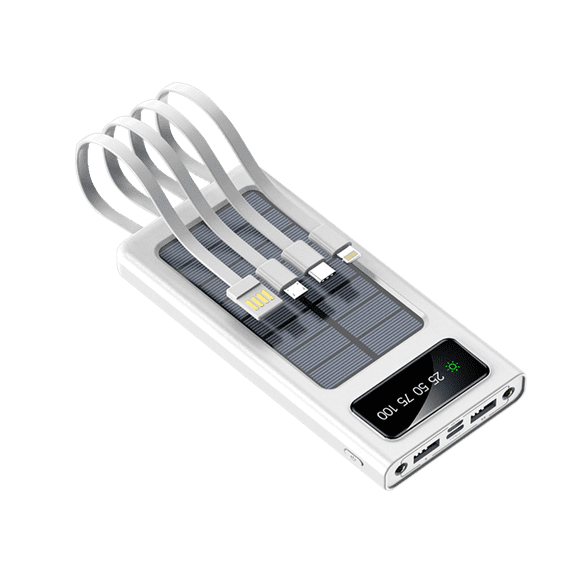 Hendoct 20000mAh Solar Power Bank with Built-in 4 Cables, LED Display, White