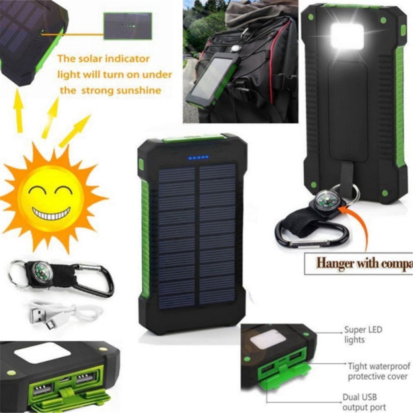 YTCYKJ 10000mAh Solar Charger  for Cell Phone ,  Solar Charging BoxOutdoor  Power BankWaterproof Dual USB Fast Charger ,LED Lighting ,Compass for Camping Travel