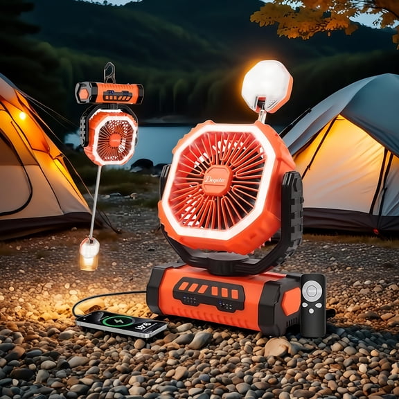 20000mAh USB Rechargeable Camping Fan, 4 Speed Silent Fan with Remote & LED Light for Camping Office Study Outdoor Activities