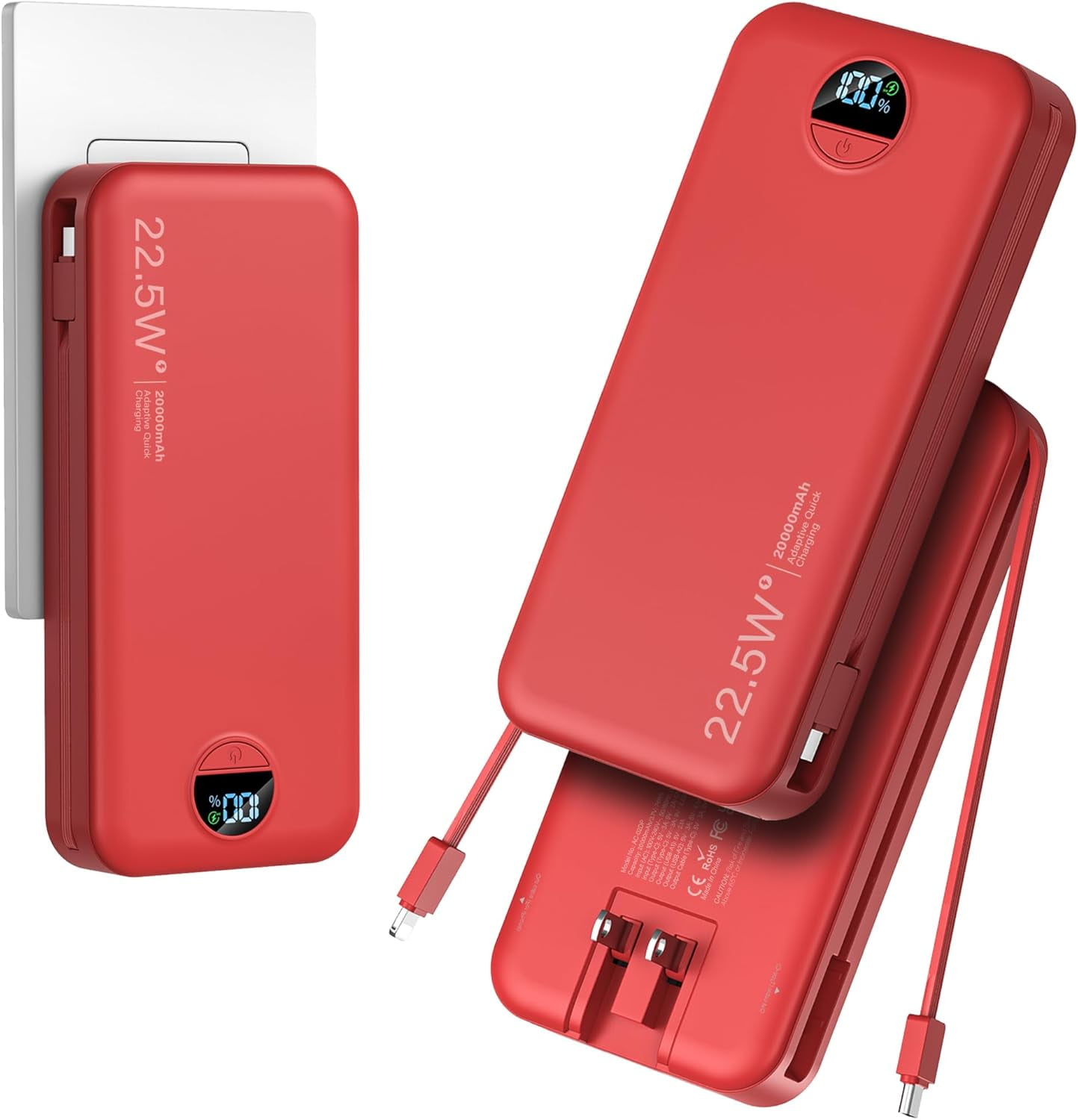 20000mAh Ultra-Portable-Charger-Power-Bank PD20W with Built in Cables&AC Wall Plug,Fast Charging Cell Phone Charger Battery Pack,LED Display Travel Battery Bank for All iPhone,Samsung,Android