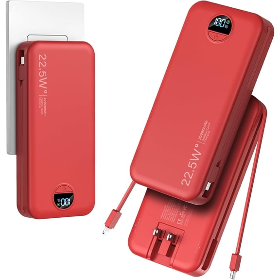 20000mAh Ultra-Portable-Charger-Power-Bank PD20W with Built in Cables&AC Wall Plug,Fast Charging Cell Phone Charger Battery Pack,LED Display Travel Battery Bank for All iPhone,Samsung,Android