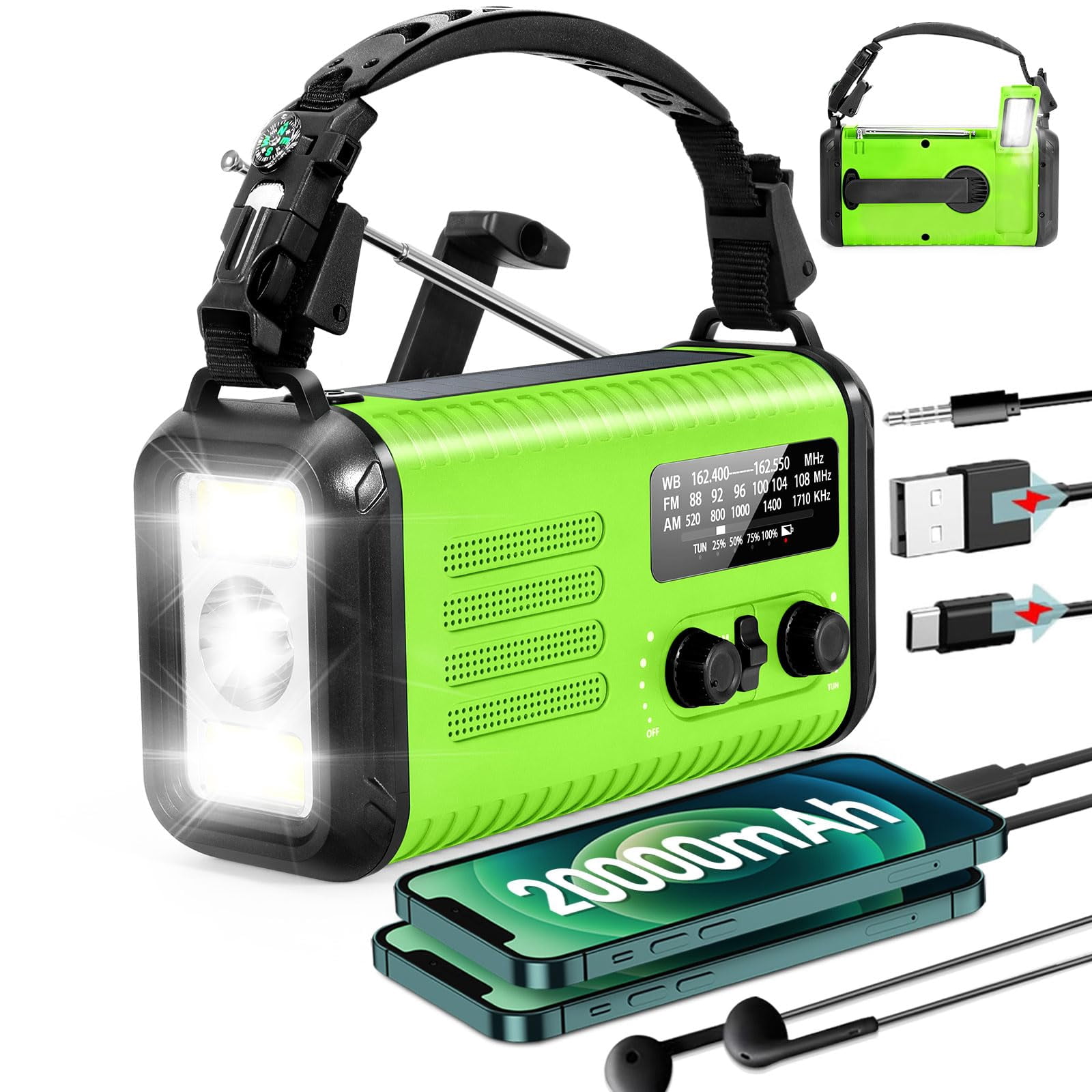 20000mah/ 74000mwh Emergency Hand Crank Radio  Am/fm/noaa Portable Weather Solar Radios With Usb Phone Reading Lamp Flashlight & Sos For Emergency/hurricane/home