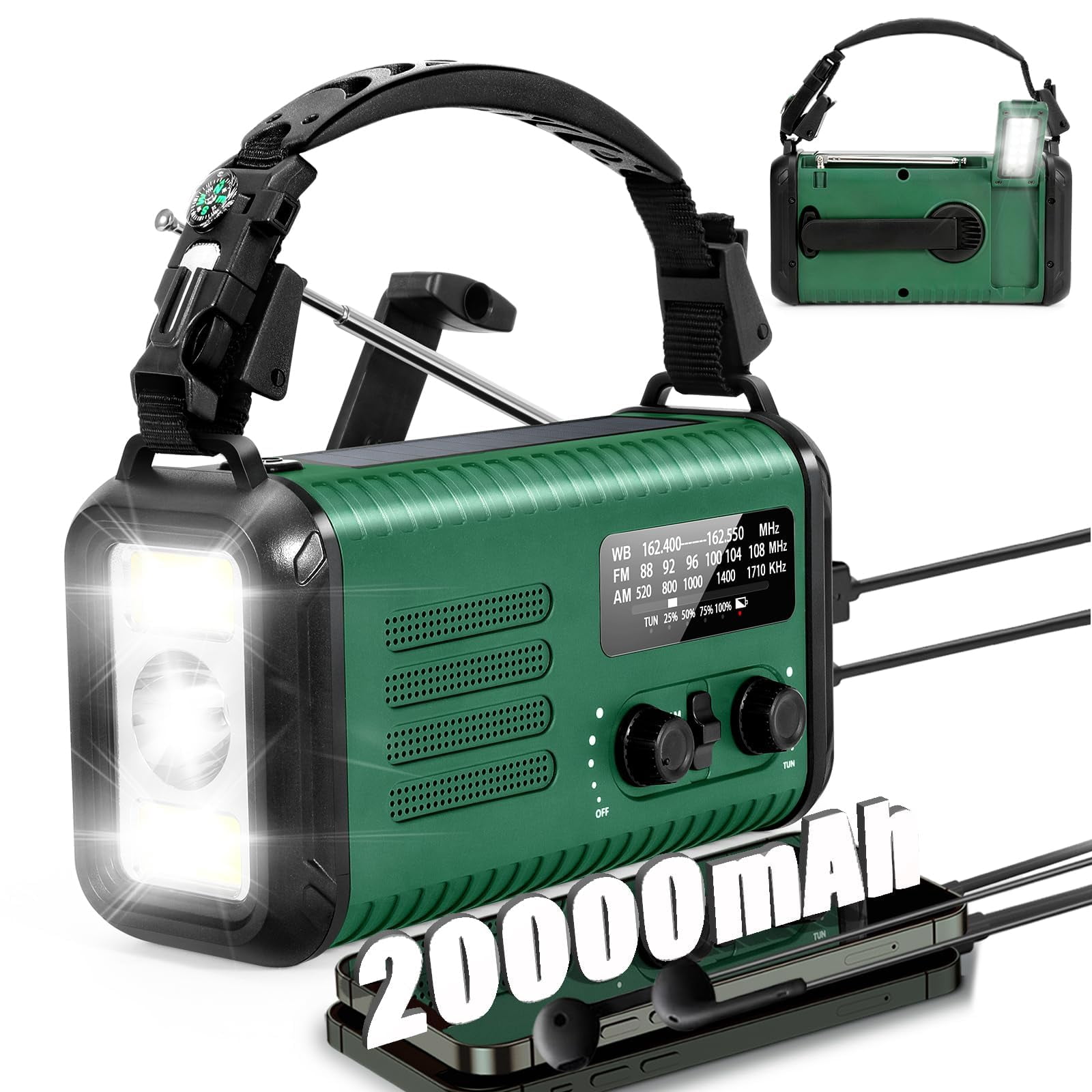 20000mah / 74000mwh Emergency Radio  Solar Hand Crank Am/fm/noaa Weather With Cell Phone Sos Alarm Flashlight & Reading Lamp For Emergencies Hurricane Camping