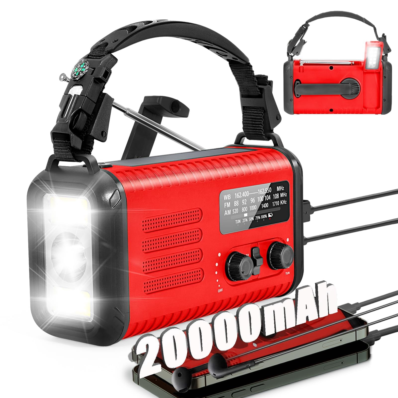 20000mah / 74000mwh Emergency Radio  Solar Hand Crank Am/fm/noaa Weather With Cell Phone Sos Alarm Flashlight & Reading Lamp (red)