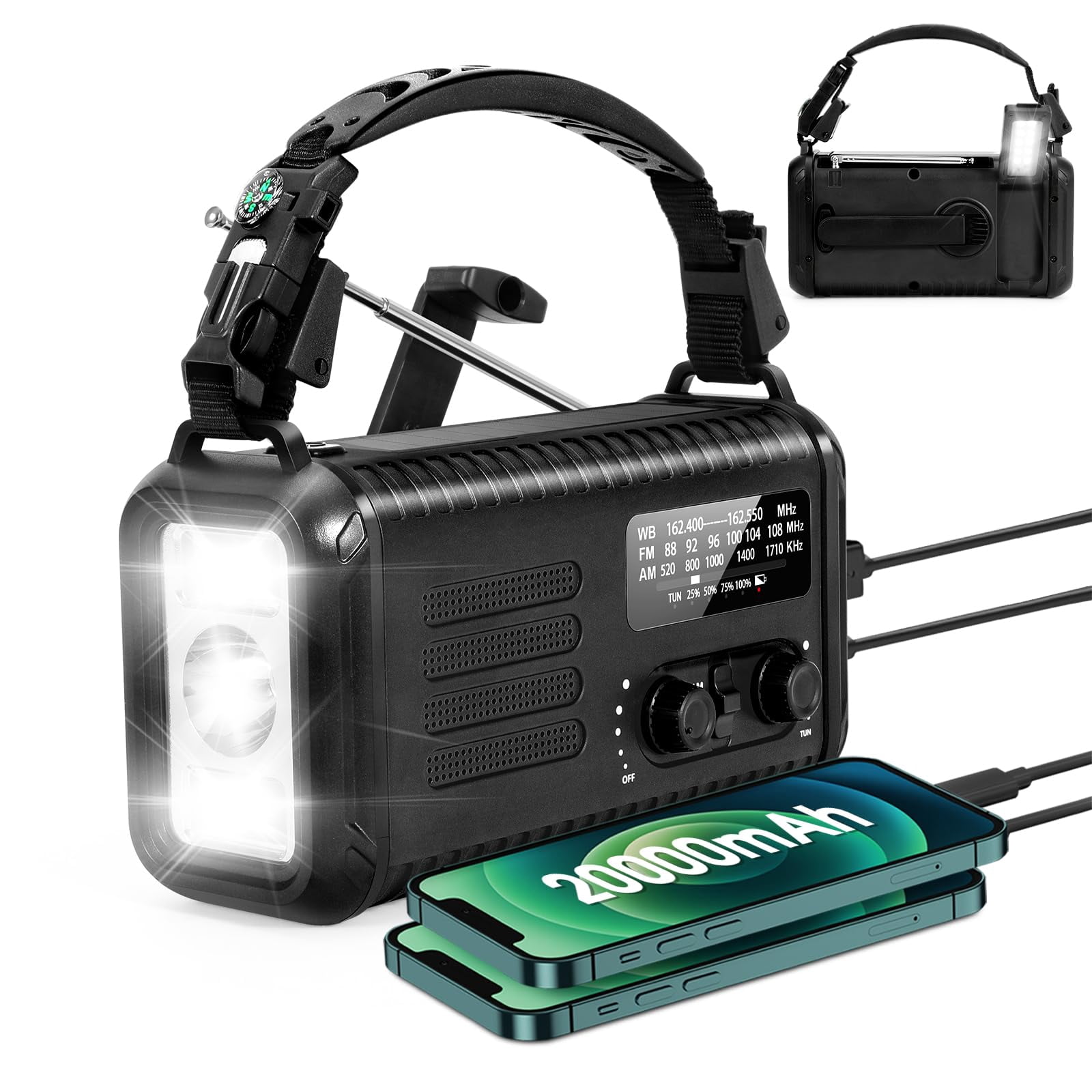 20000mah/ 74000mwh Hand Crank Emergency Radio  Am/fm/noaa Weather Solar With Usb Phone Reading Lamp Flashlight & Sos For (black)