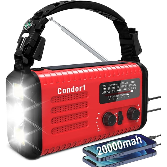 20000mah Emergency Radio, Solar Hand Crank Portable AM FM NOAA Radios, Rechargeable Battery, SOS Alarm, Flashlight, Reading Lamp for Home Outdoor (Red)